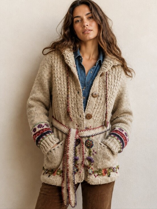 Newari Sweaters - Vtg Newari Nepal Hand Knit Wool Cardigan Sweater Y2K Hooded Belted Floral Sz S/M